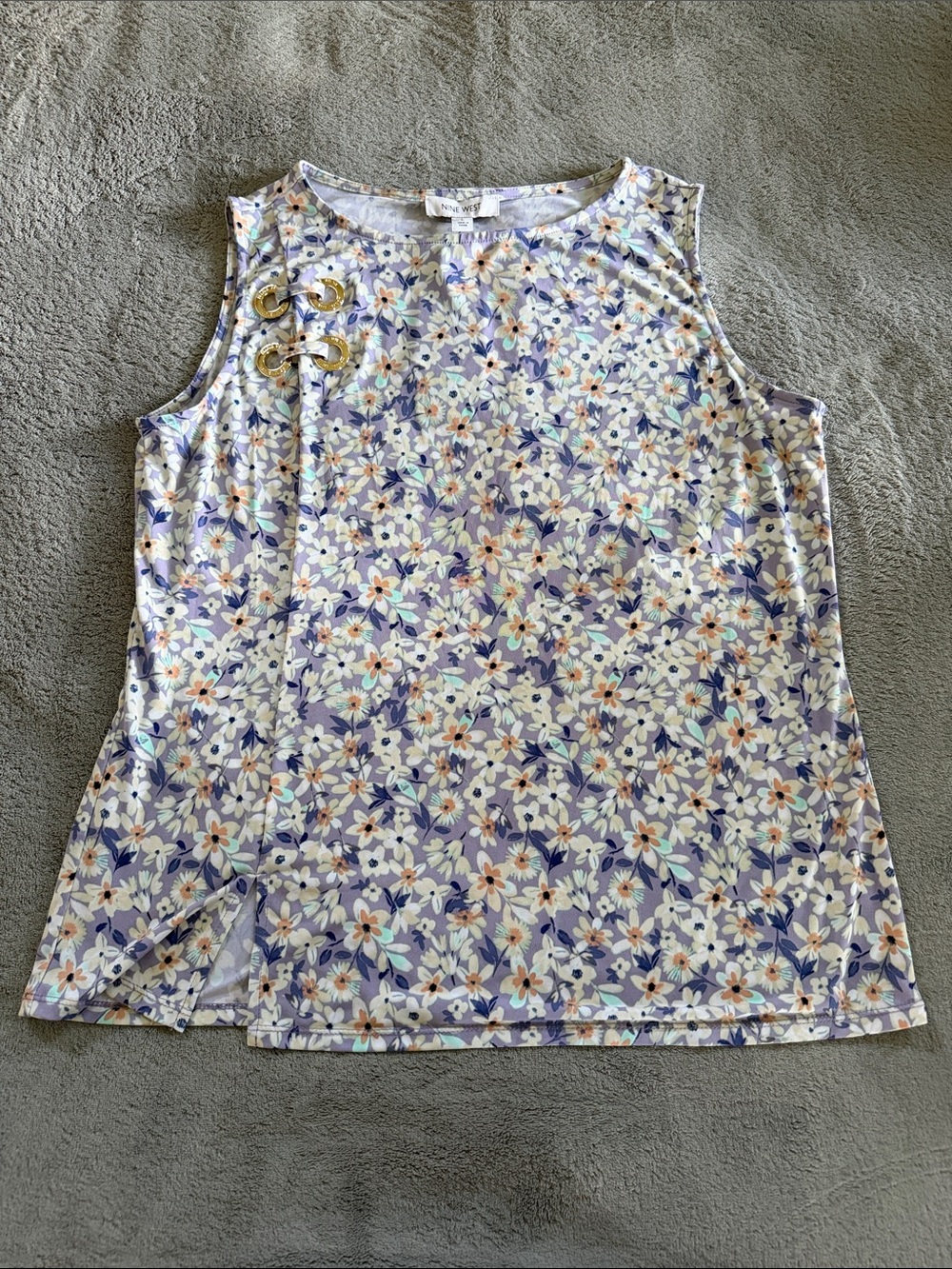 Nine West Lavender Floral Sleeveless Tank with Gold Rings